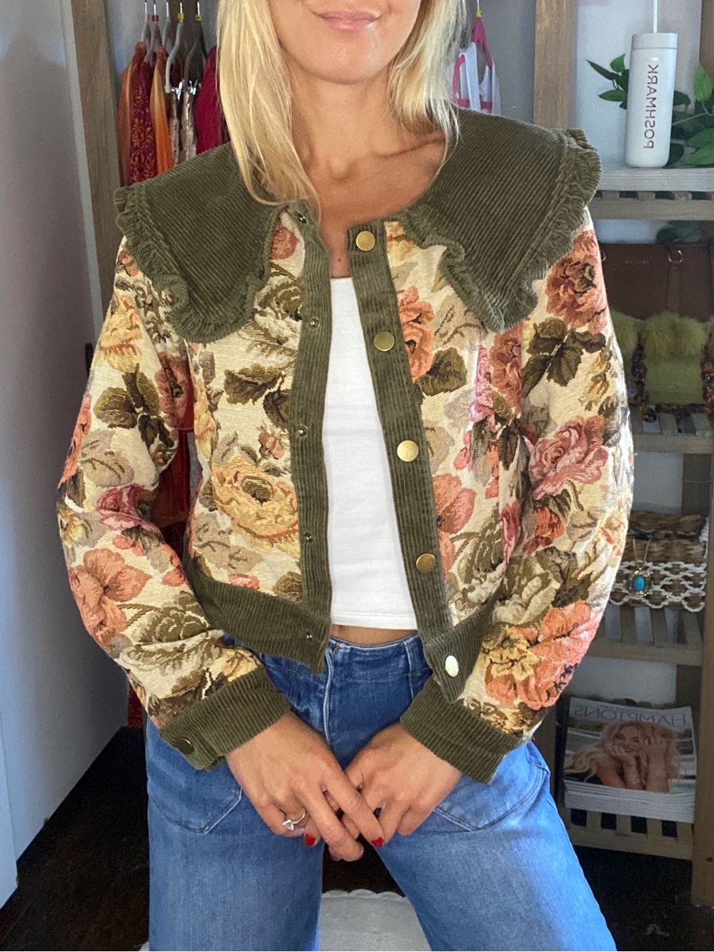 JACQUIE The Label Olive Green Floral Jacket with Corduroy Trim! 🪷